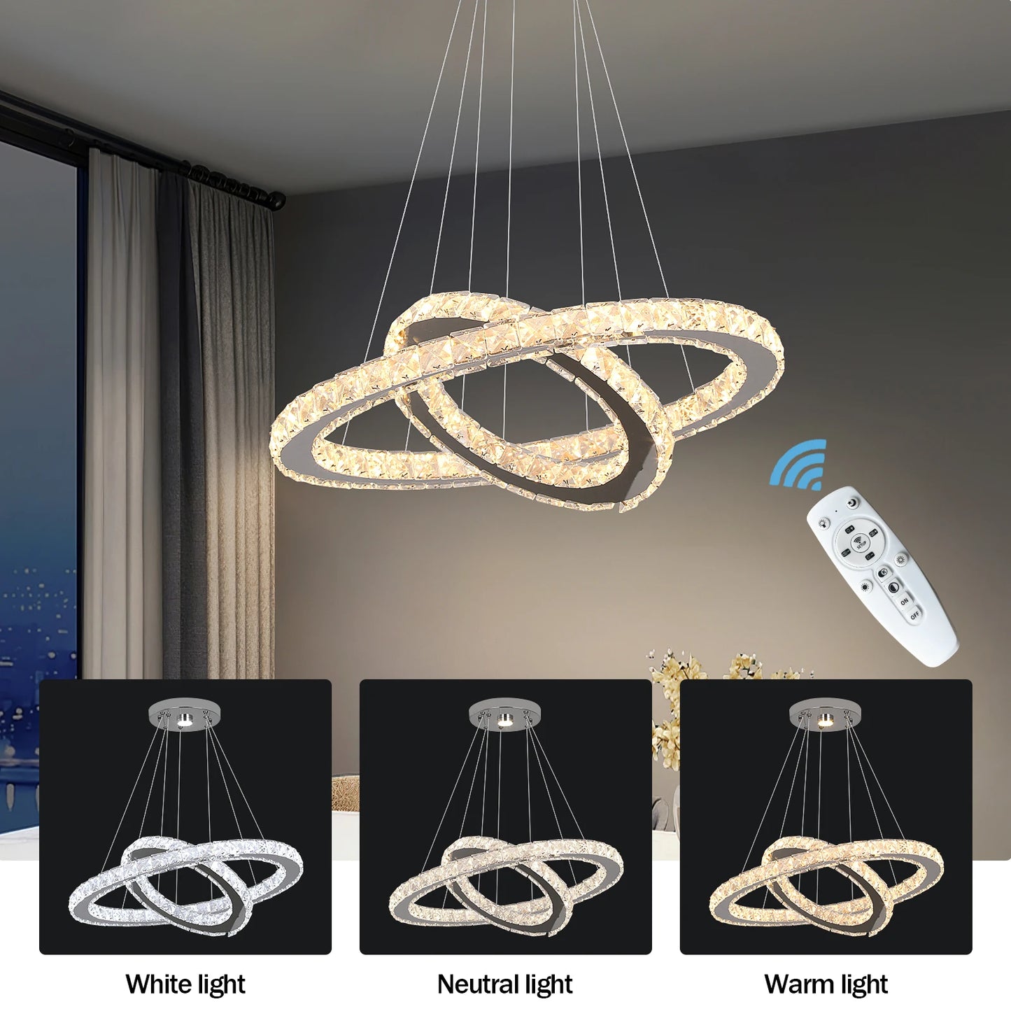 Modern Crystal Chandelier Pendant Light Dimmable LED with Remote Control