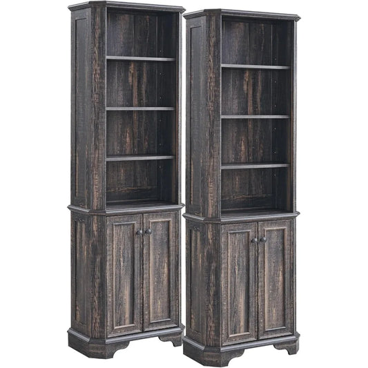 6-Tier Farmhouse Bookshelf Set of 2 with Storage Adjustable Shelves
