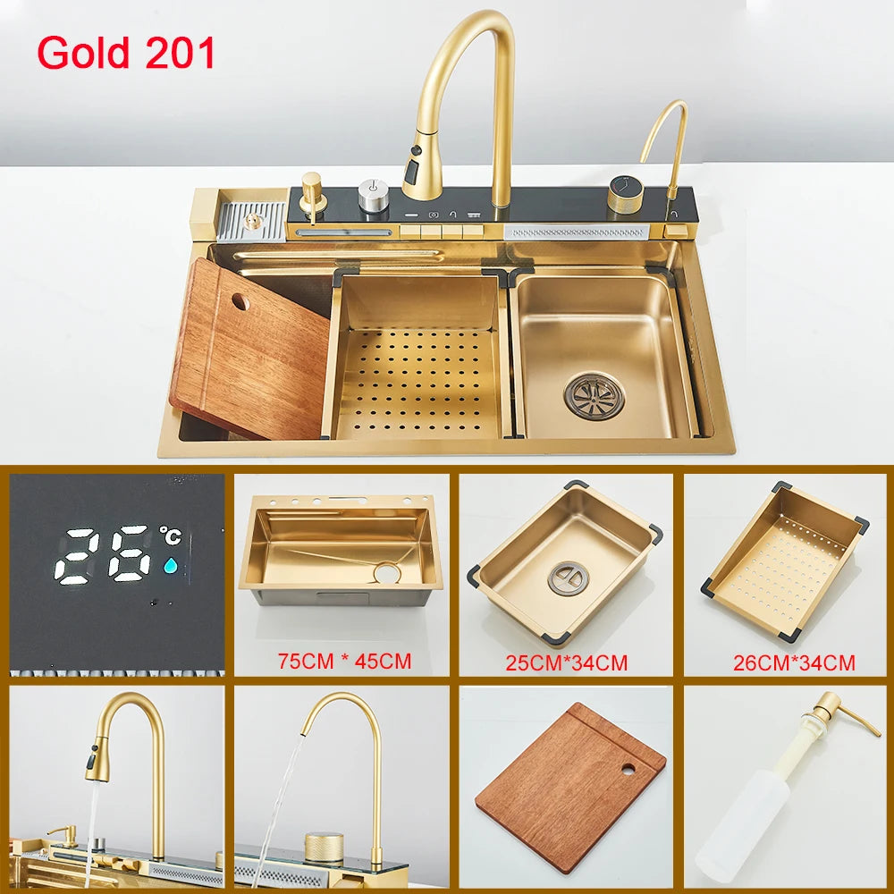 Gold Multifunctional Kitchen Waterfall Sink Digital Display 304 Stainless Steel