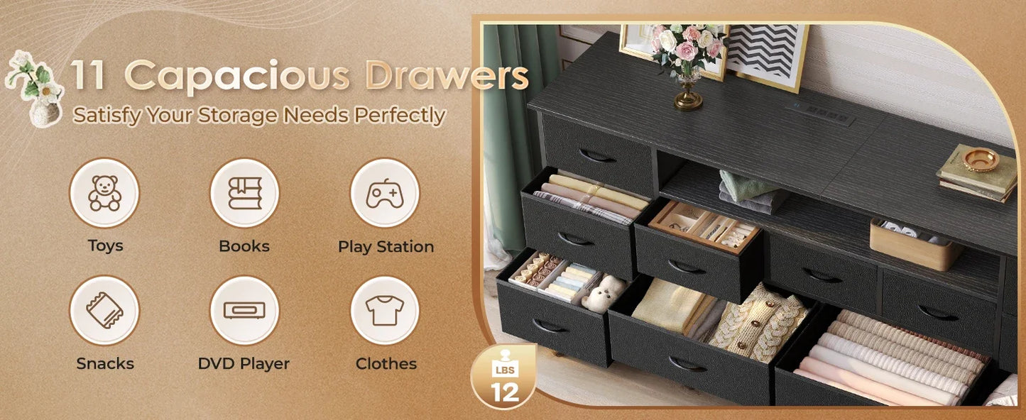 63 Inch TV Stand Dresser with LED Lights Power Outlets 11 Drawers Storage