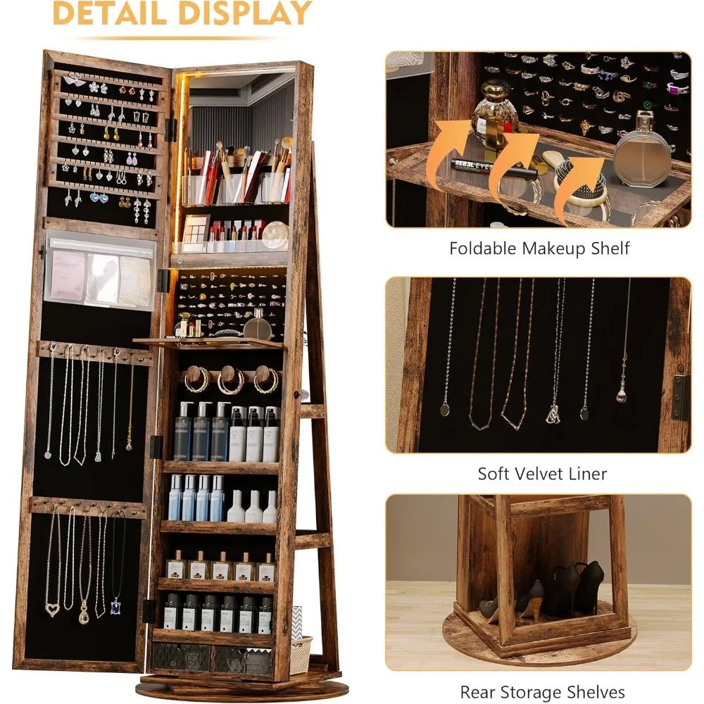 360 Degree Rotating Jewelry Cabinet with Adjustable Lighting and Mirror