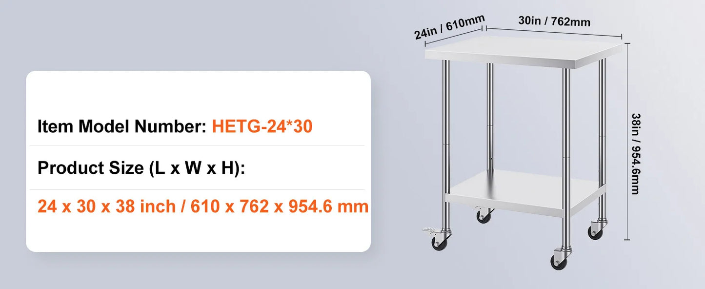 Heavy Duty Stainless Steel Work Table with Wheels Adjustable Height