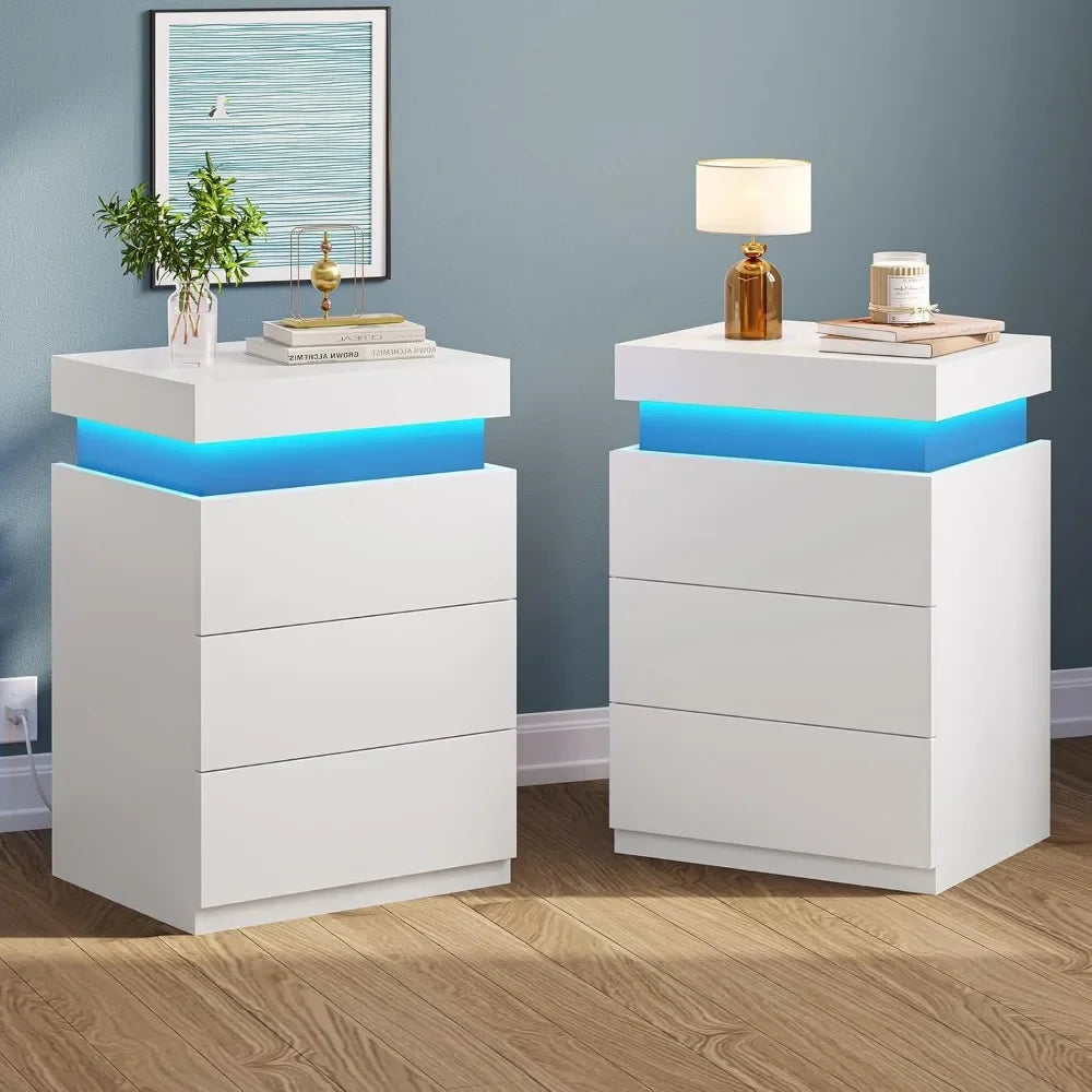 LED Nightstands Set of 2 with Charging Station and RGB Lights Modern
