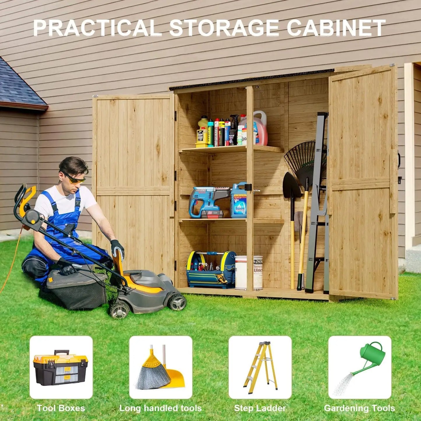 Outdoor Storage Cabinet Waterproof Roof Lockable Doors Garden Shed