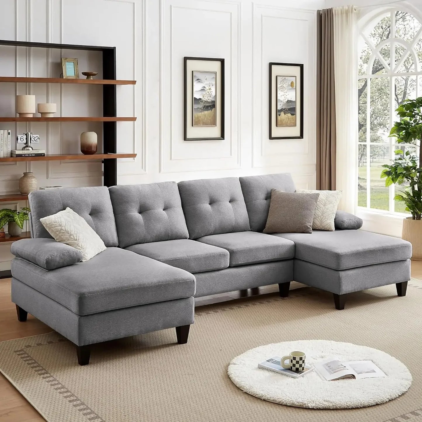 Modern U-Shaped Sectional Couch Polyester 4-Seater Double Chaise