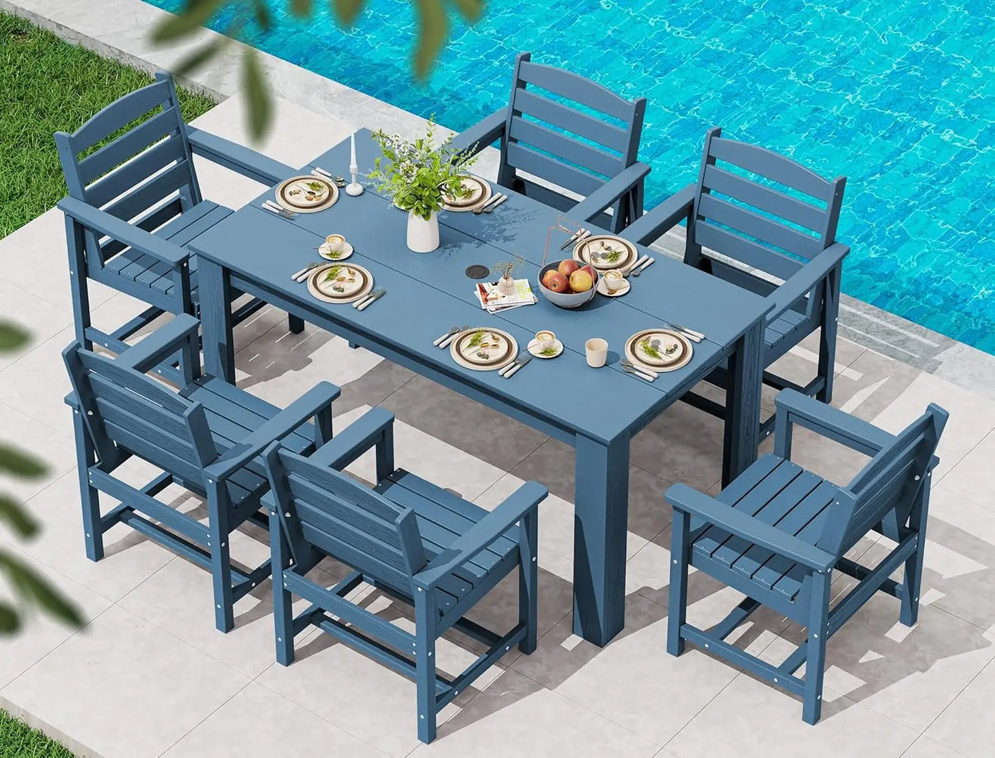 7 Piece Outdoor Dining Set for 6 with Umbrella Hole Rectangular Table