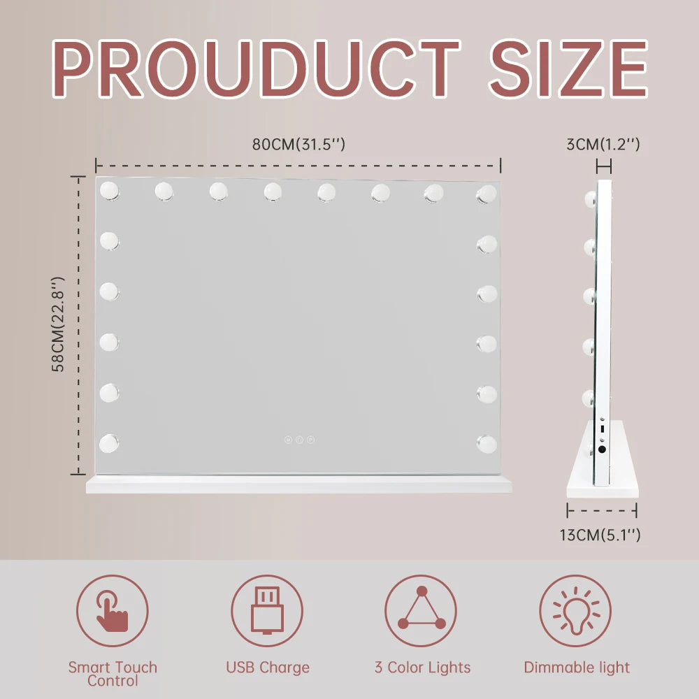 Large Hollywood Makeup Mirror with 18 LED Bulbs and USB Charging Port