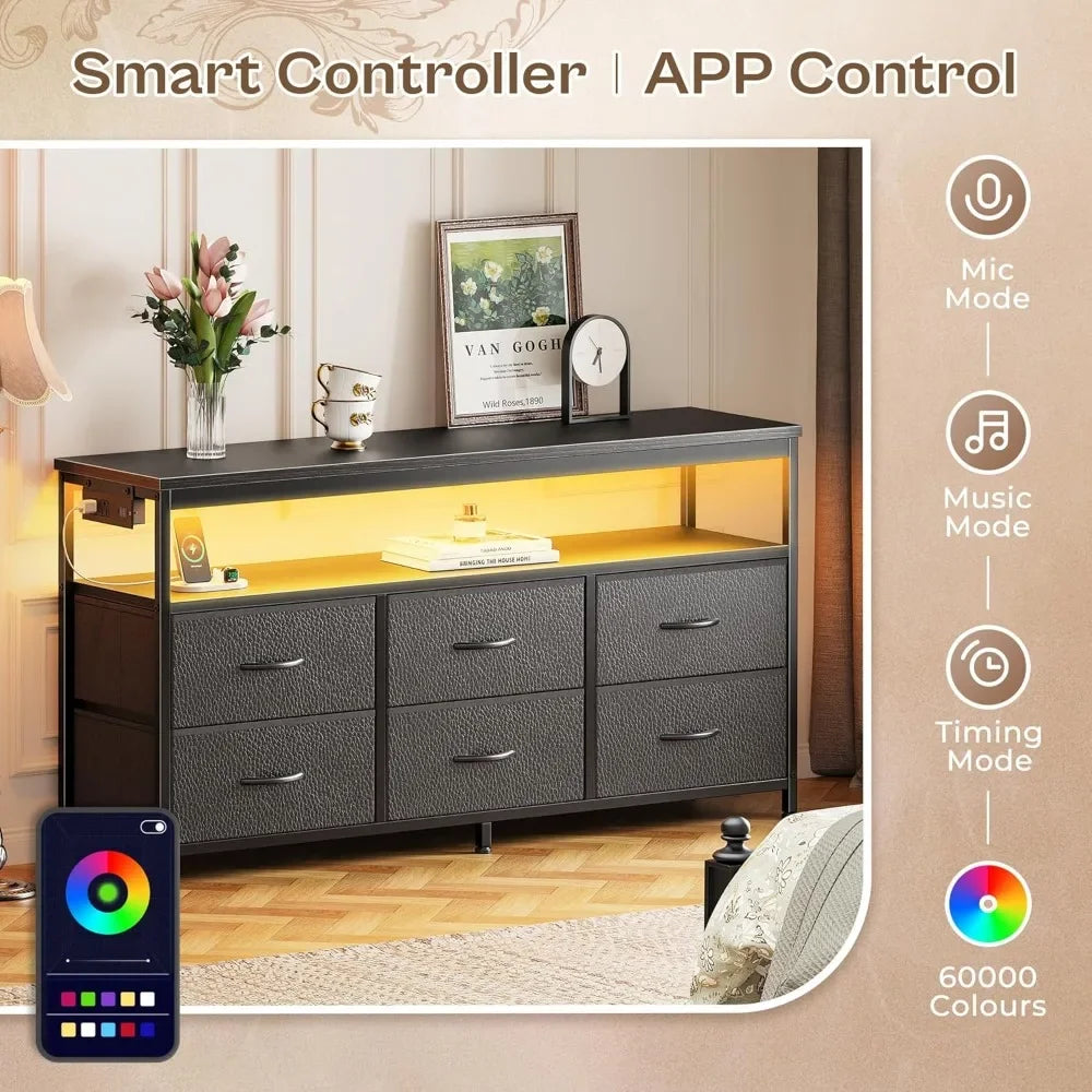 LED TV Stand 47 Inch Fabric Dresser with Power Outlets and 6 Drawers