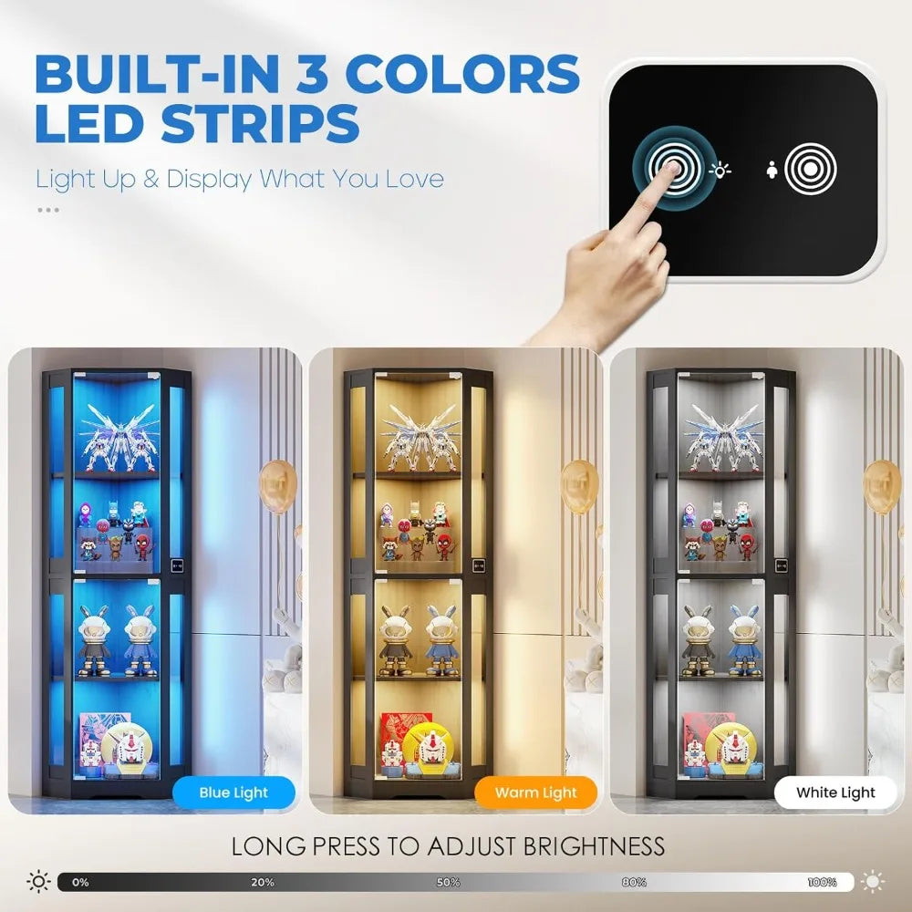 65 Inch Corner Glass Display Cabinet LED Showcase with Sensor Light