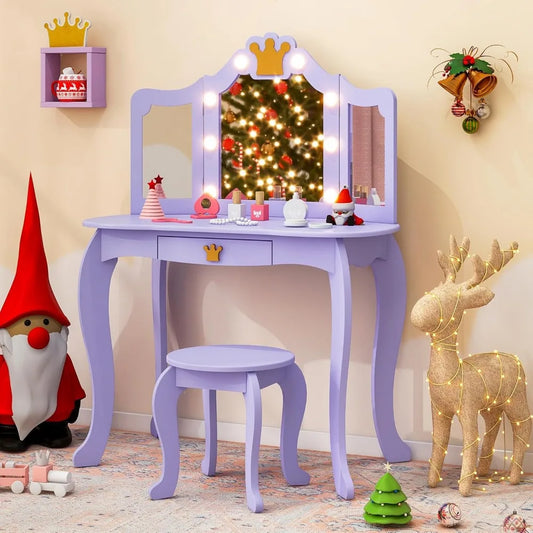Kids Vanity with Lights Girls Makeup Desk Mirror Stool Toddler Set