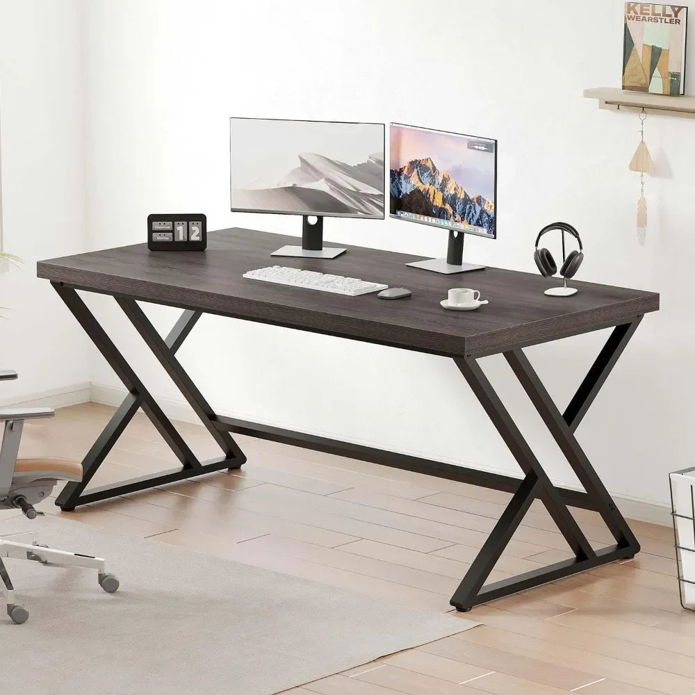 Industrial Computer Desk Rustic Wood Metal Home Office Writing Table