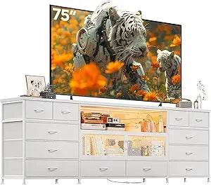 71 Inch Modern TV Stand with LED Lights Charging Station and 12 Drawers