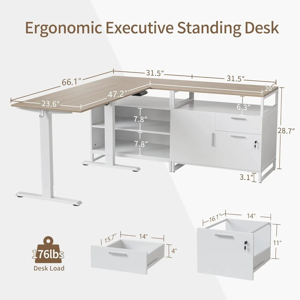 L Shaped Standing Desk Adjustable Height with Drawers and Shelves