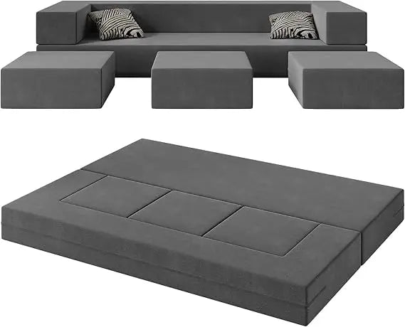 Modular Foam Floor Sofa Bed 80" Convertible Futon w/ 3 Ottomans & Washable Cover