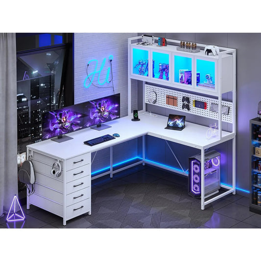L Shaped Gaming Desk with Drawers Pegboard LED Lights Power Outlet