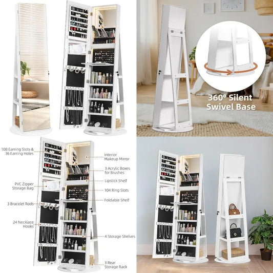 Freestanding Rotating Jewelry Cabinet with Full-Length Mirror Storage