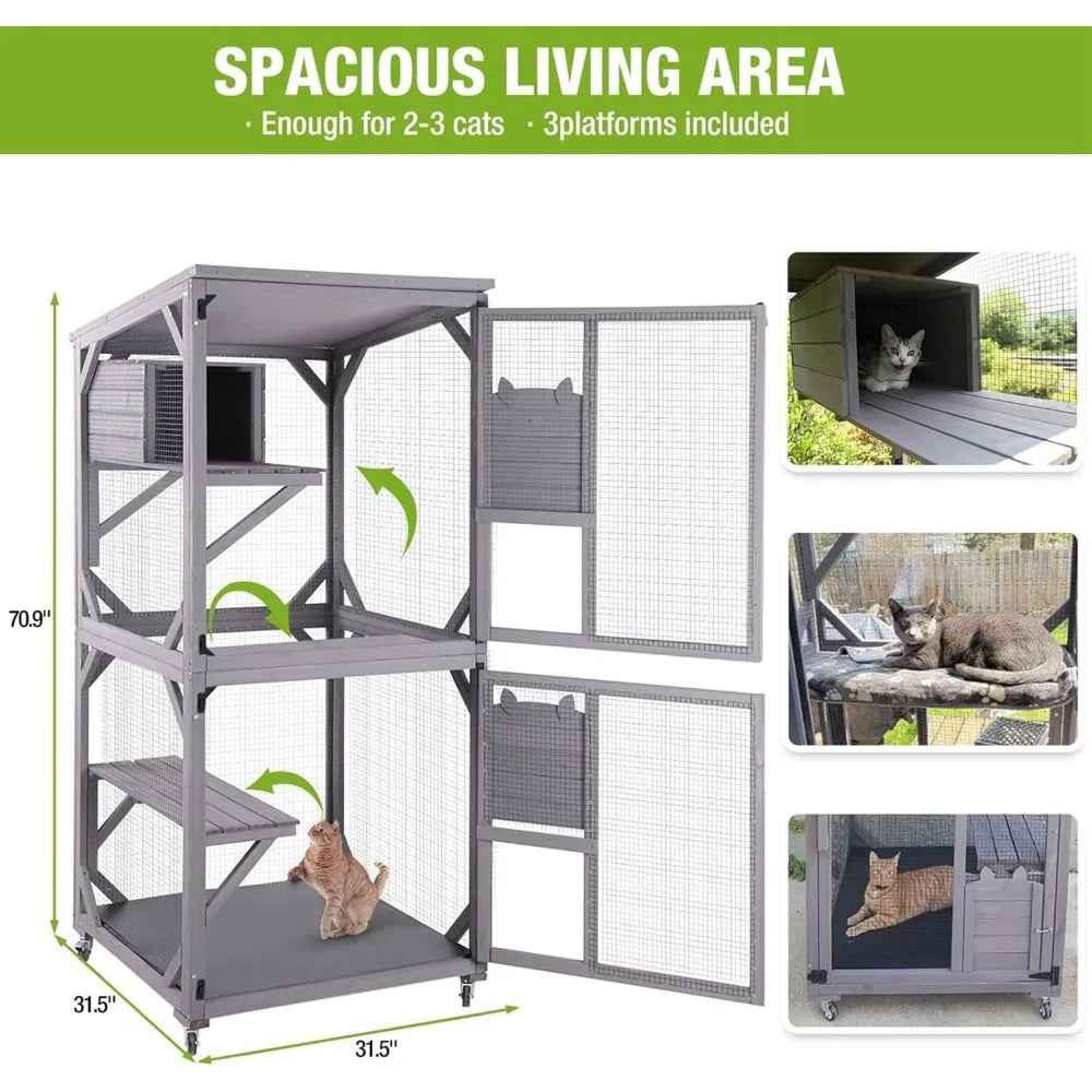 Cat House Mobile Catio Outdoor Enclosure on Wheels with Waterproof Roof