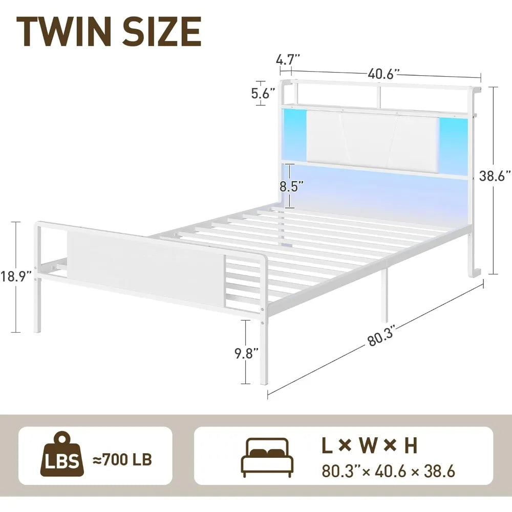 Twin Bed Frame Upholstered Headboard LED Charging Station Storage