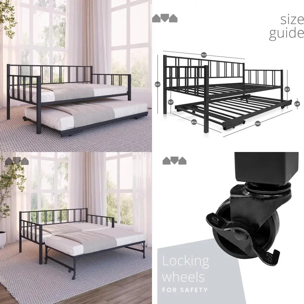 Modern Black Twin Daybed with Pop-Up Trundle and Backrest for Small Spaces