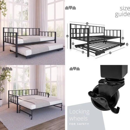 Modern Black Twin Daybed with Pop-Up Trundle and Backrest for Small Spaces