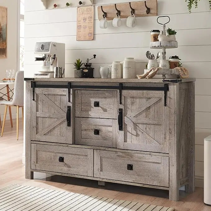 Farmhouse Buffet Cabinet with Sliding Barn Doors and Storage Drawers