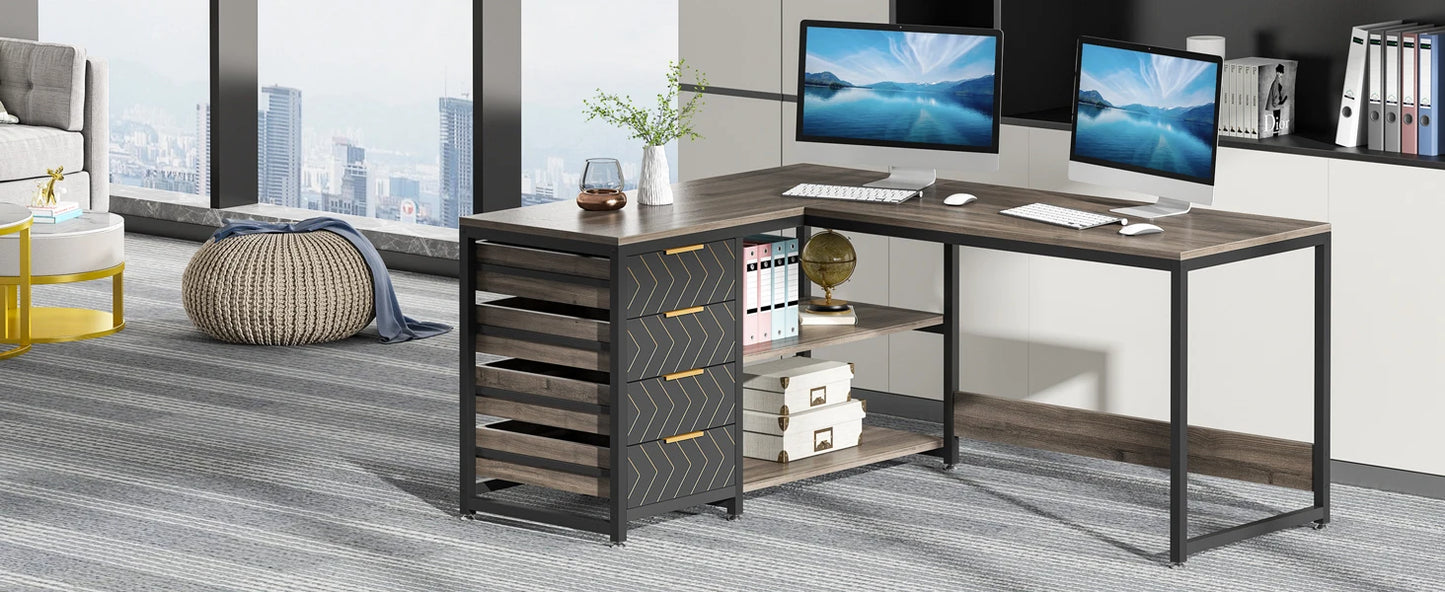 L Shaped Computer Desk with Storage Drawers Reversible Corner Desk