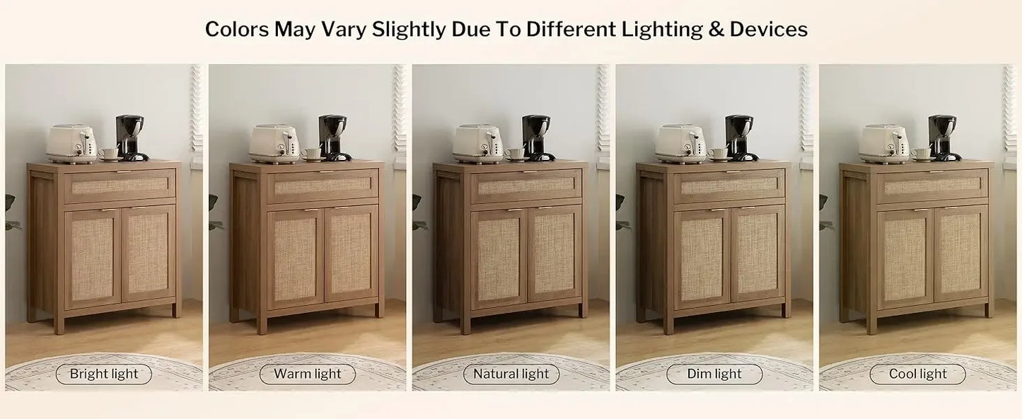 Buffet Storage Cabinet 2-piece Set Bohemian Rattan Sideboard Console