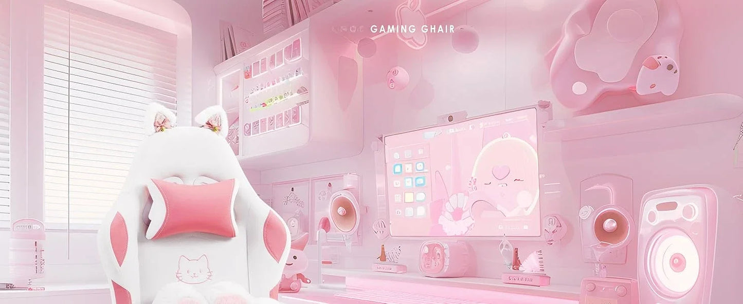 Cute Gaming Chair with Cat Ears Lumbar Cushion Ergonomic Footrest Reclining