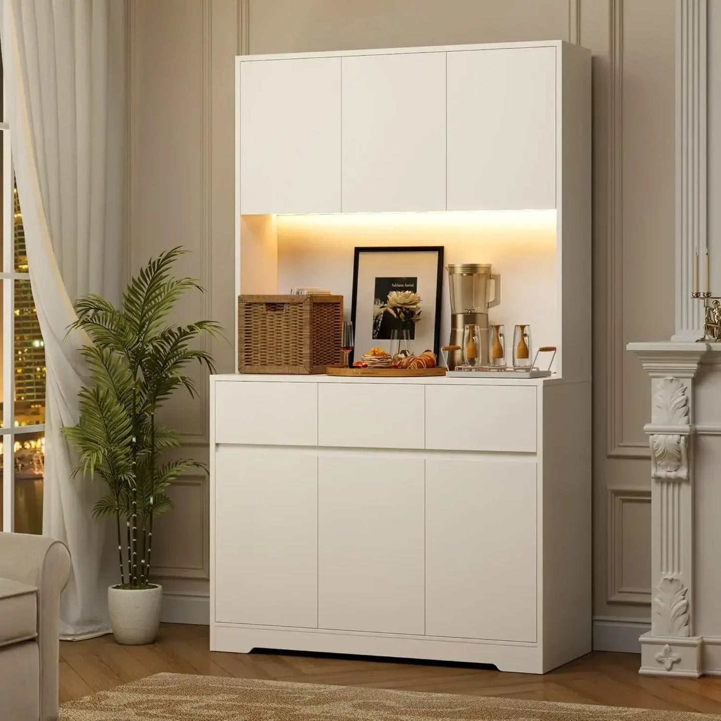 71 Inch Tall Kitchen Pantry Storage Cabinet with Power Outlets and LED Lights
