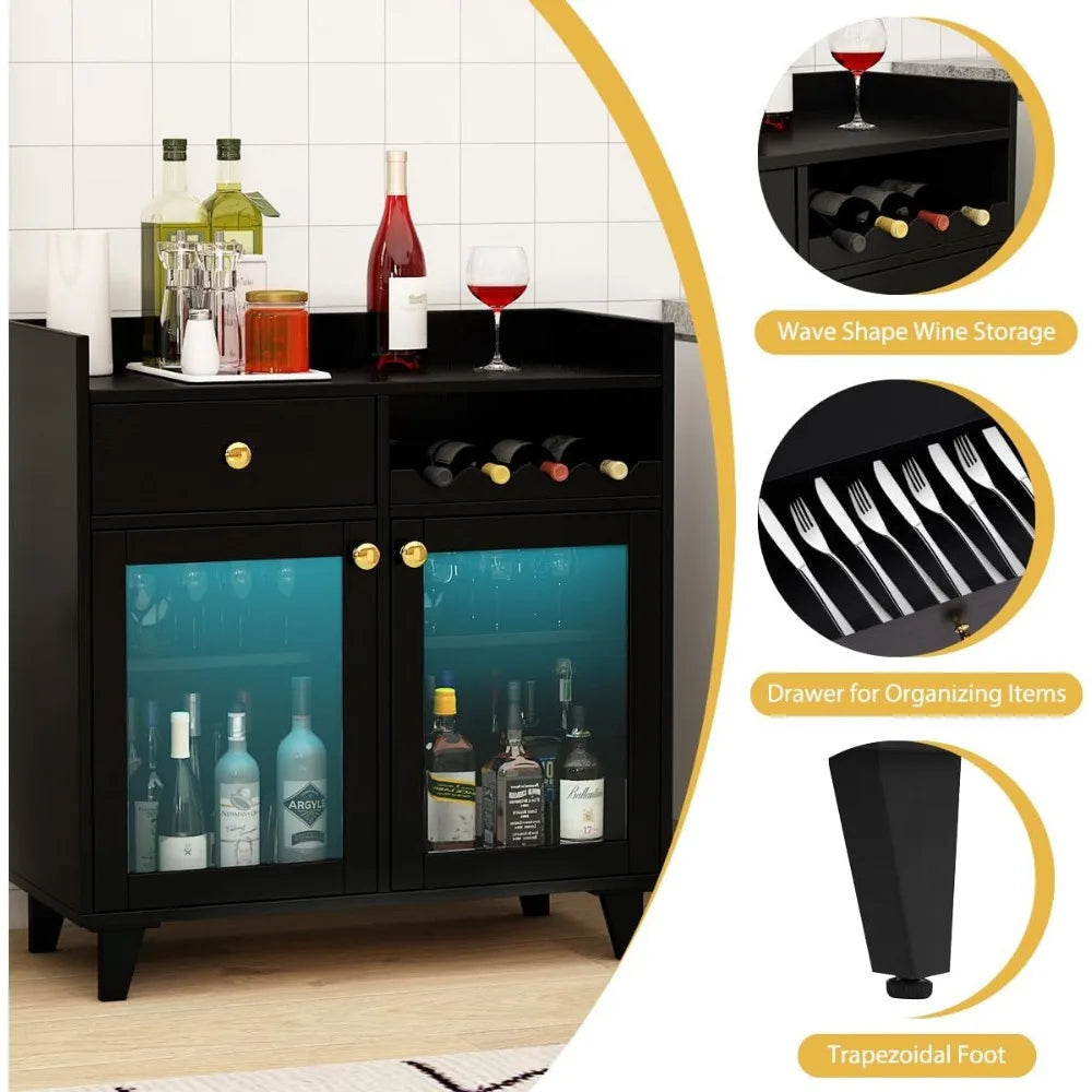 Small Black Bar Cabinet Modern Liquor Storage with LED Light Farmhouse Style