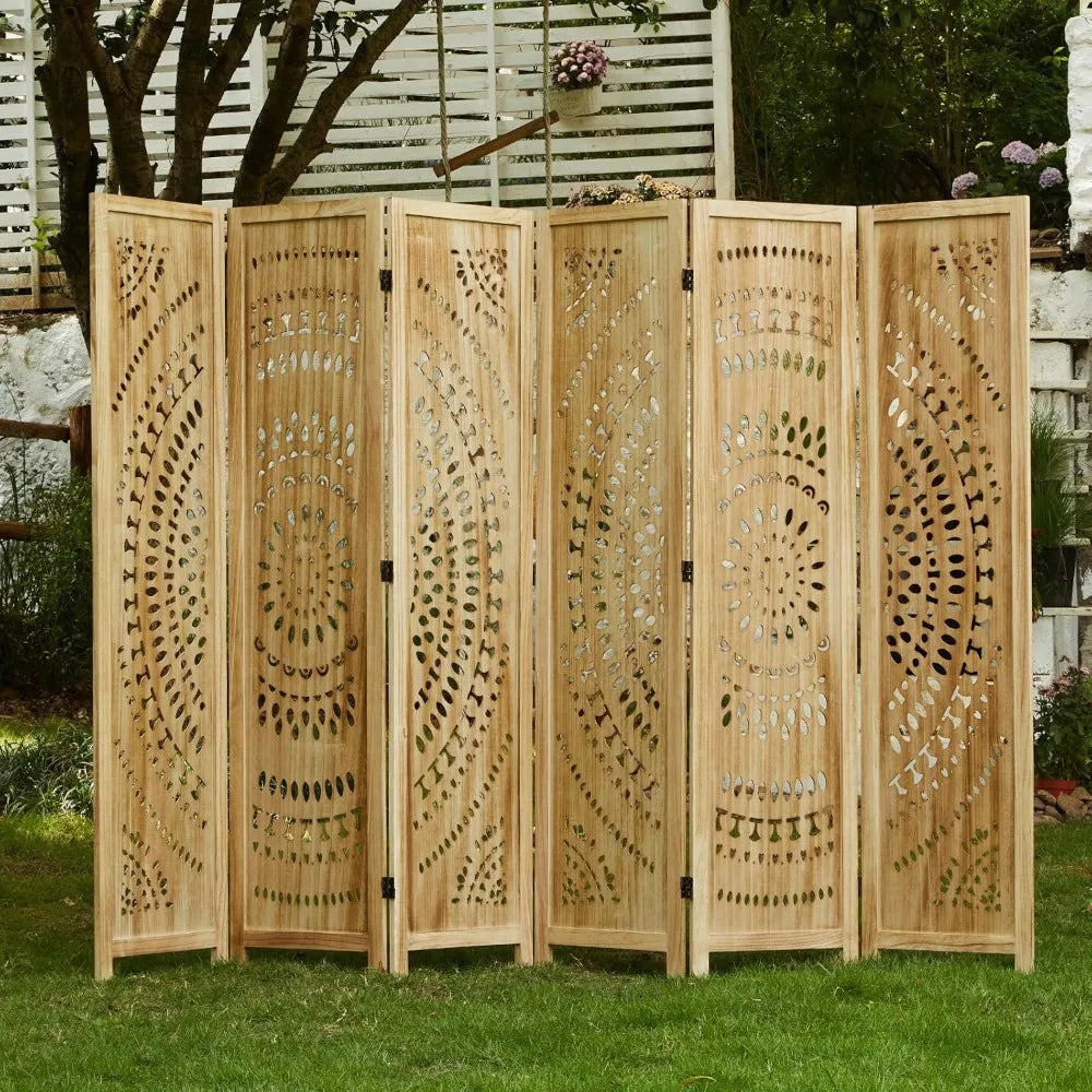 66.9Inch Folding Room Divider 6 Panels Wood Carved Privacy Screen