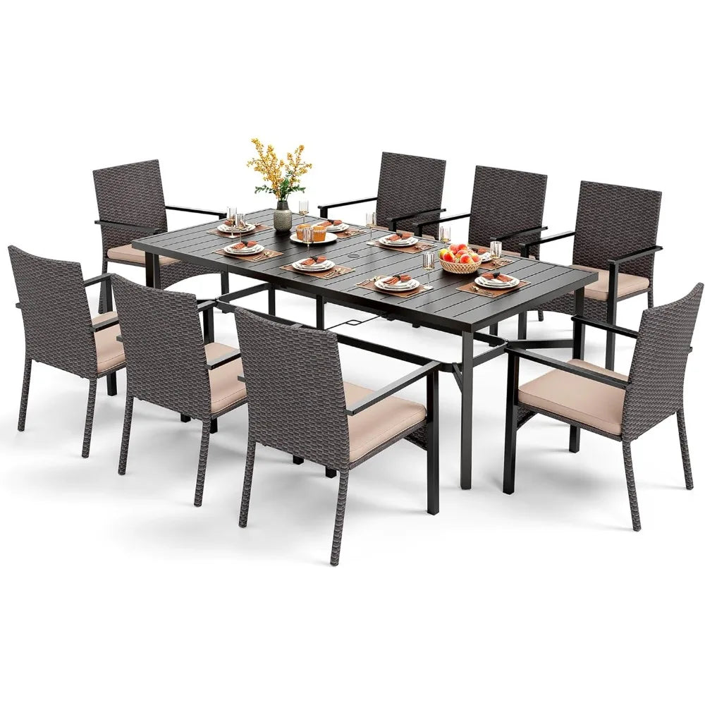 9 Piece Outdoor Dining Set for 8 with Wrought Iron Table and Wicker Chairs