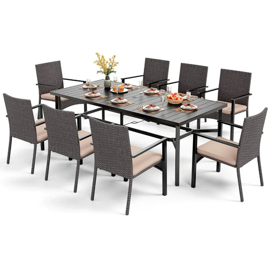 9 Piece Outdoor Dining Set for 8 with Wrought Iron Table and Wicker Chairs