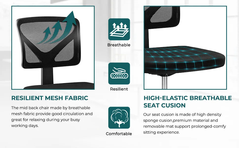 Ljustra Armless Office Chair with Lumbar Support Adjustable Height 360° Swivel