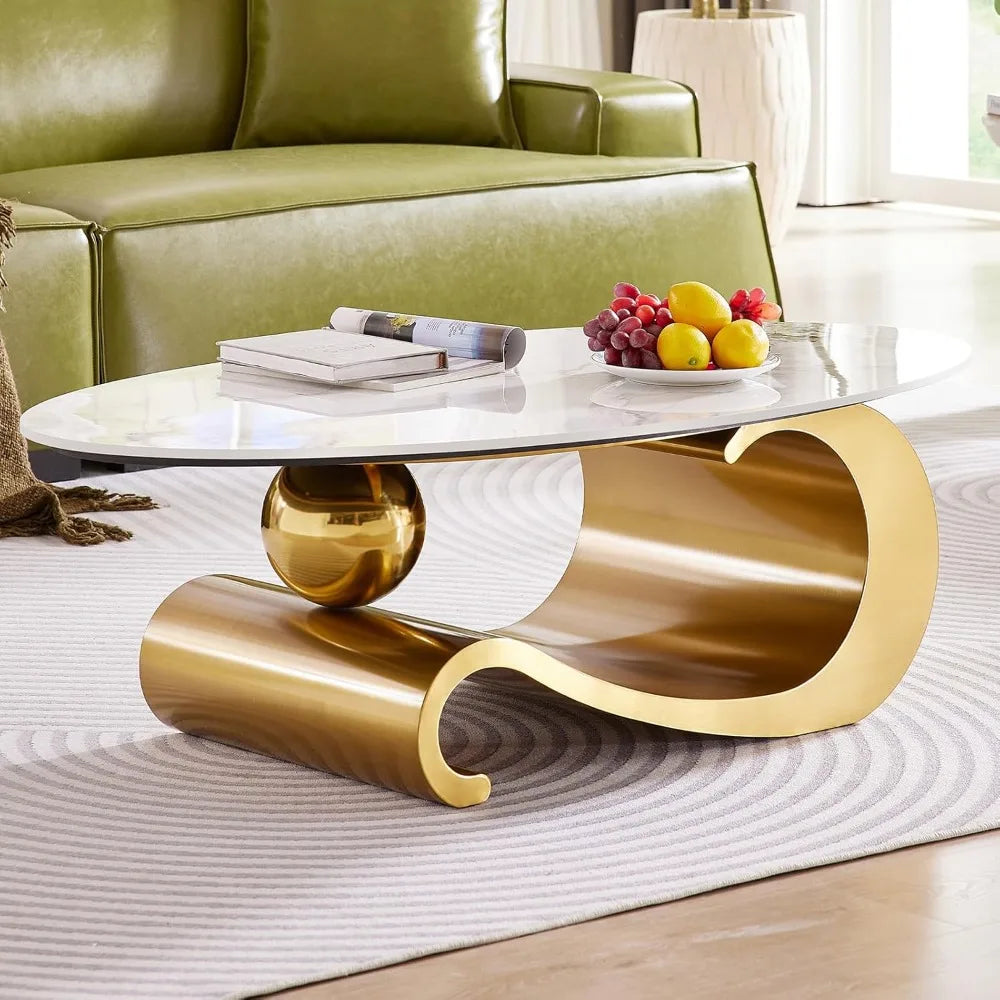 Modern Oval Faux Marble Coffee Table with Gold Metal Base for Living Room
