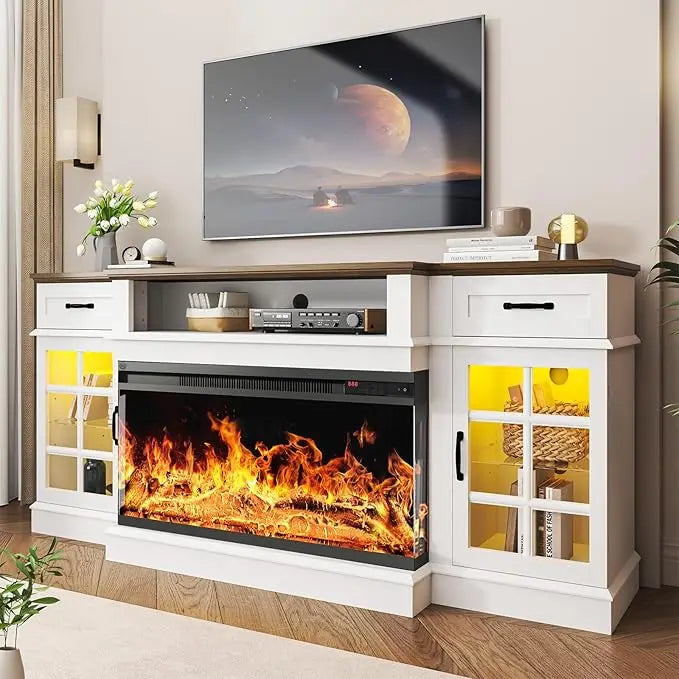 70 Inch Fireplace TV Stand Glass Electric Fireplace Farmhouse Style