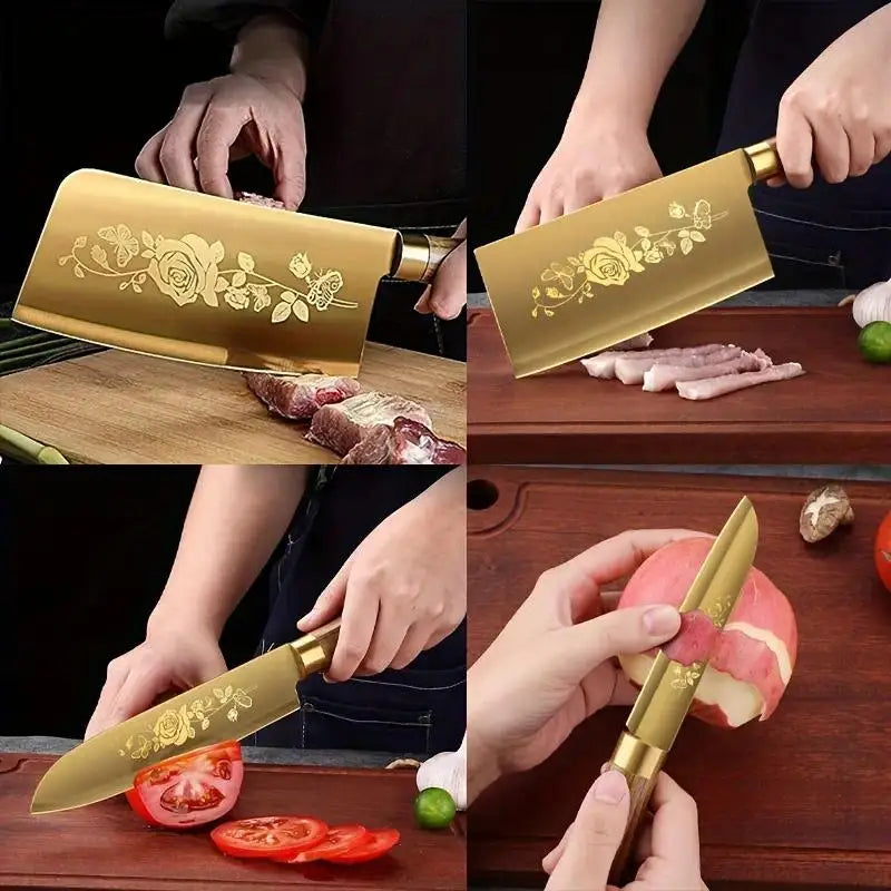 4-Piece Titanium-Coated Kitchen Knife Set for Home and Commercial Use