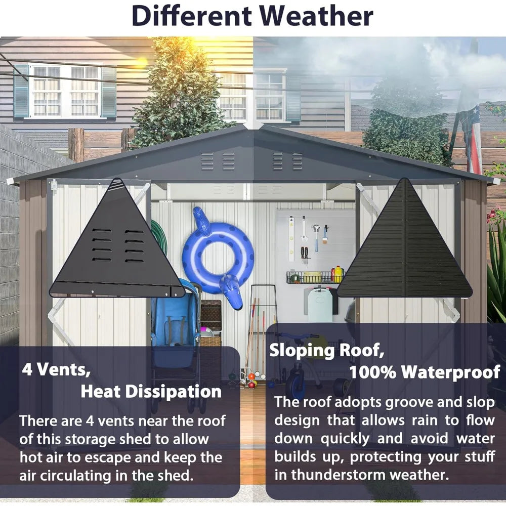 10x10 Metal Storage Shed Lockable Door Sliding Roof Utility Tool