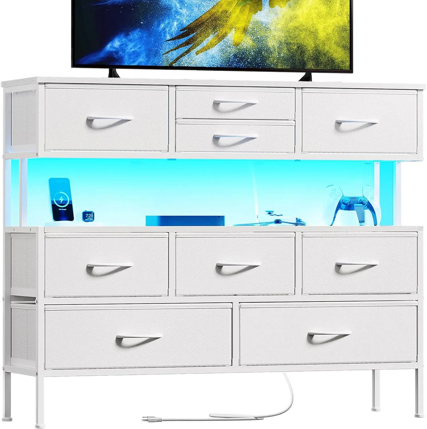 Dresser TV Stand with Charging Station LED Lights 55 Inch 9 Drawers