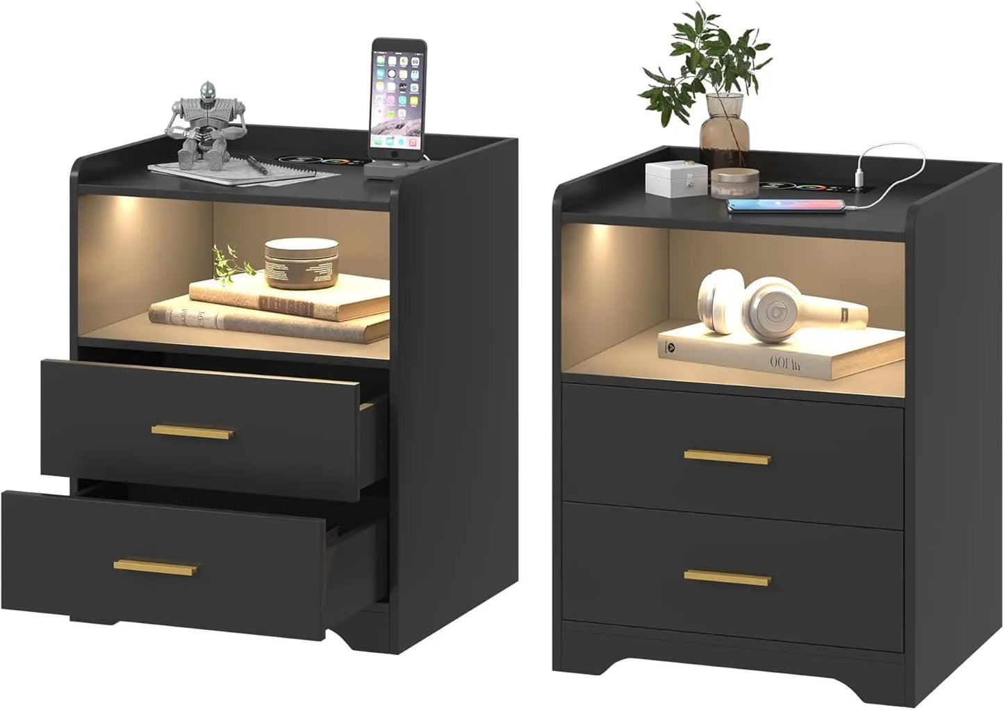 LED Nightstand with Charging Station Modern RGB Bedside Table