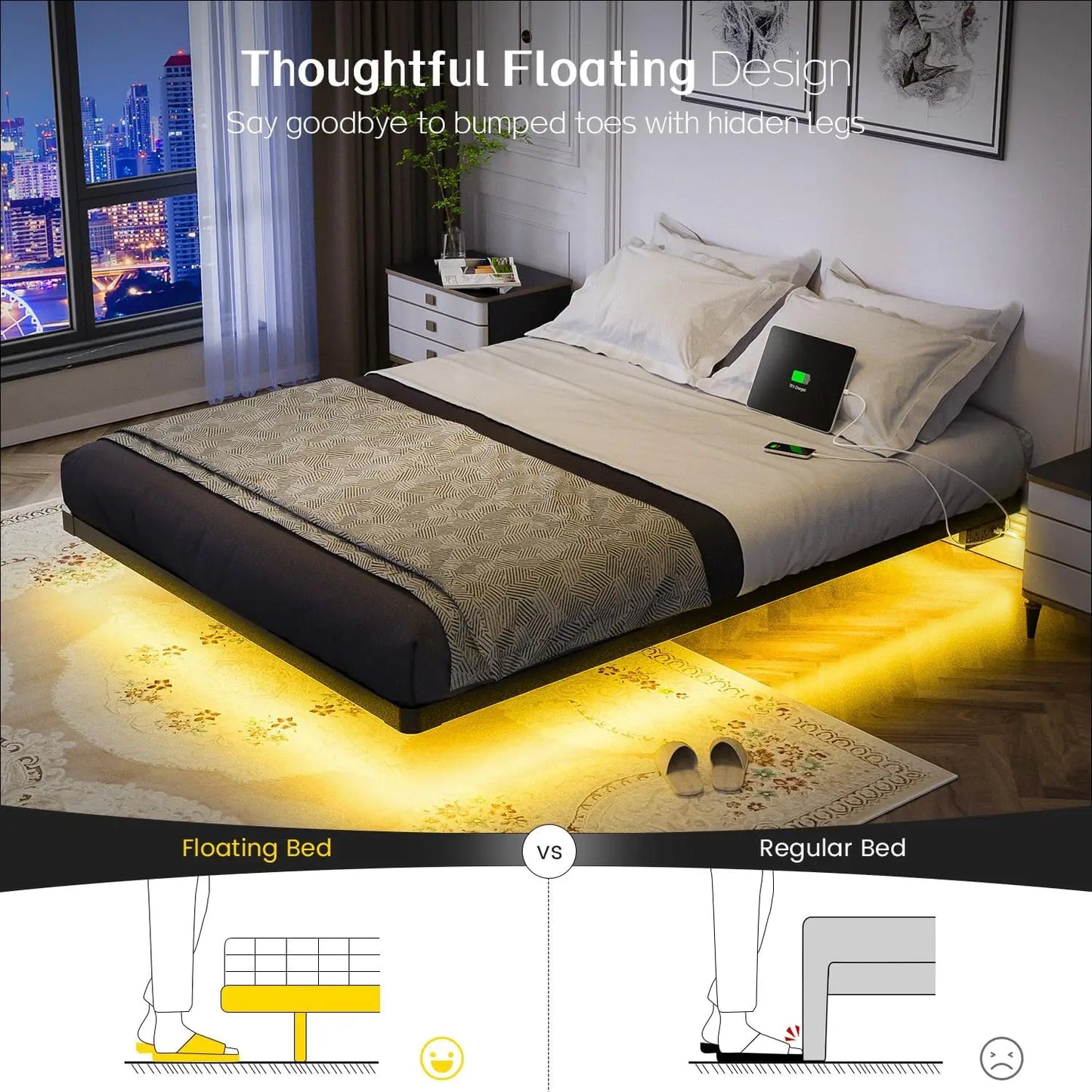 Floating Bed Frame Queen Size with LED Lights and Charging Station