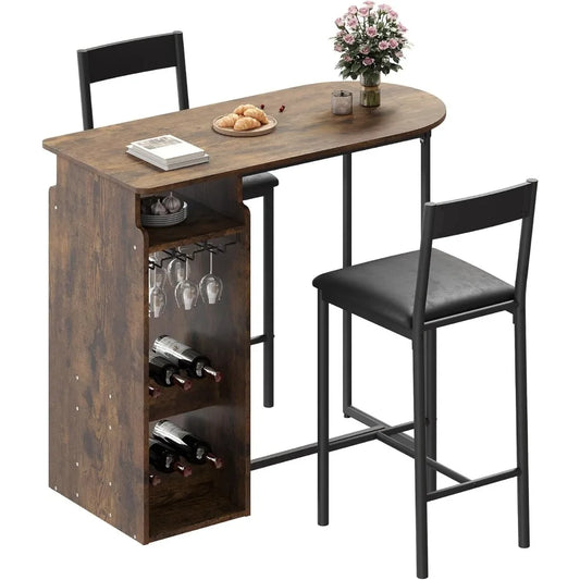 Bar Table and Chairs Set for 2 with Triple-Tier Wine Rack and Glass Holder