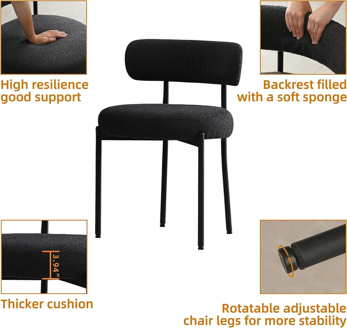 Black Boucle Dining Chairs Set of 4 Upholstered Kitchen Dining Room Chairs