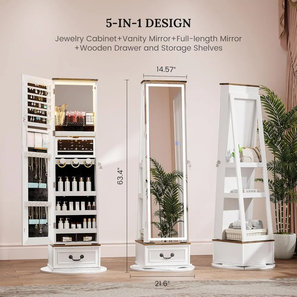 LED Mirror Jewelry Cabinet 360° Swivel Armoire Full Length Storage