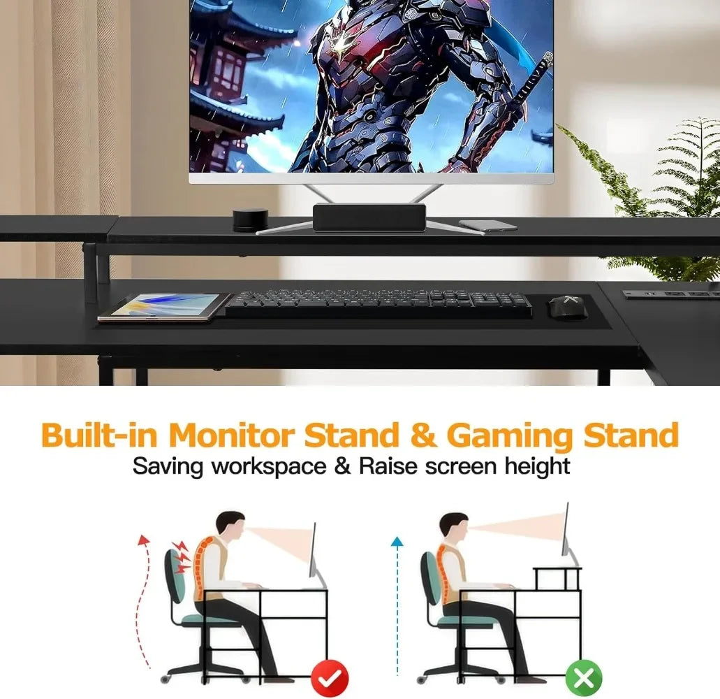 L Shaped Gaming Desk with LED Lights Power Outlets Reversible Design