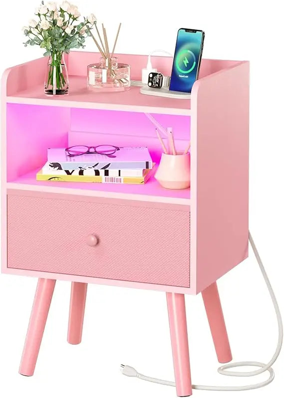 Nightstand with Charging Station LED Lights Modern Bedroom Furniture