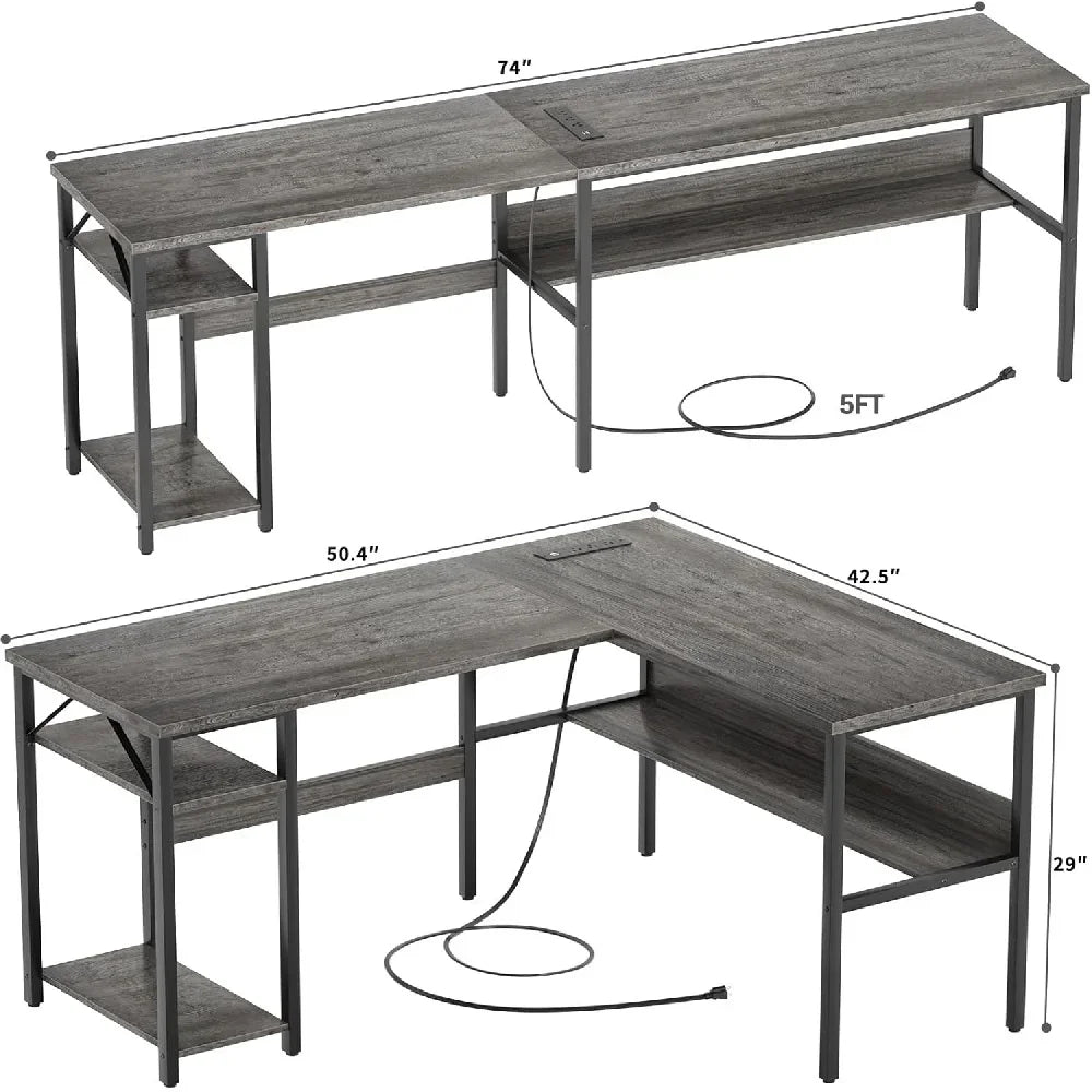 Reversible L Shaped Gaming Desk with USB Ports and Storage Shelf
