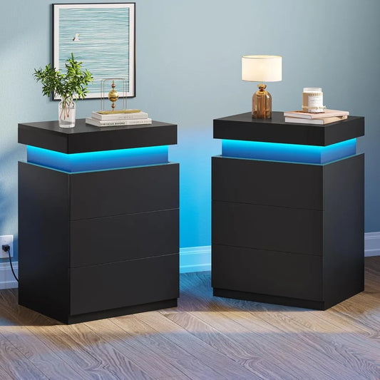 LED Nightstands Set of 2 with Charging Station and Sliding Top