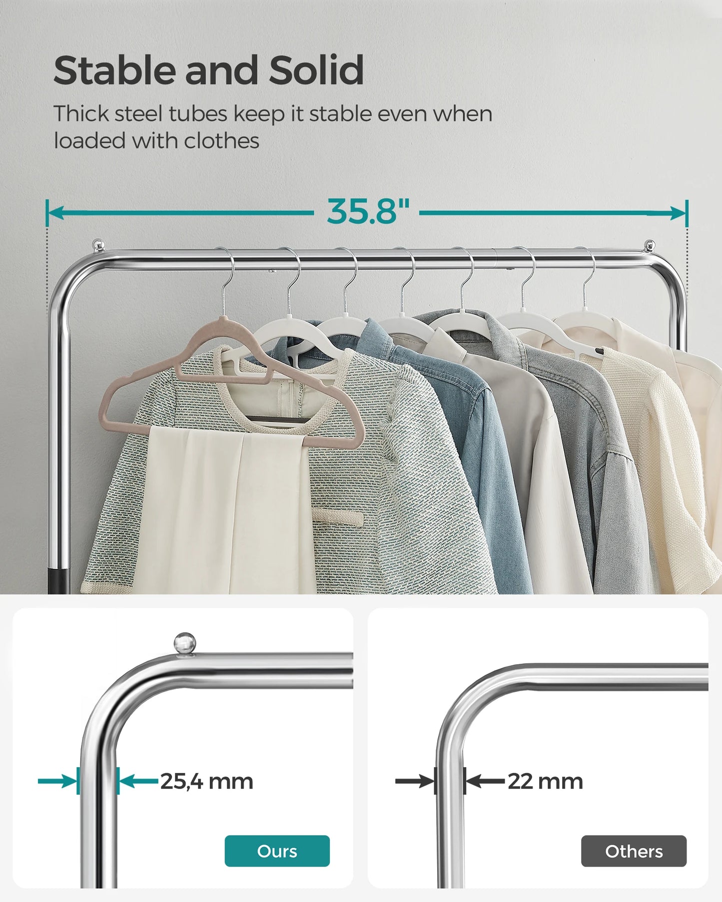 Ljustra Modern Metal Clothes Rack with Wheels and Storage Shelf