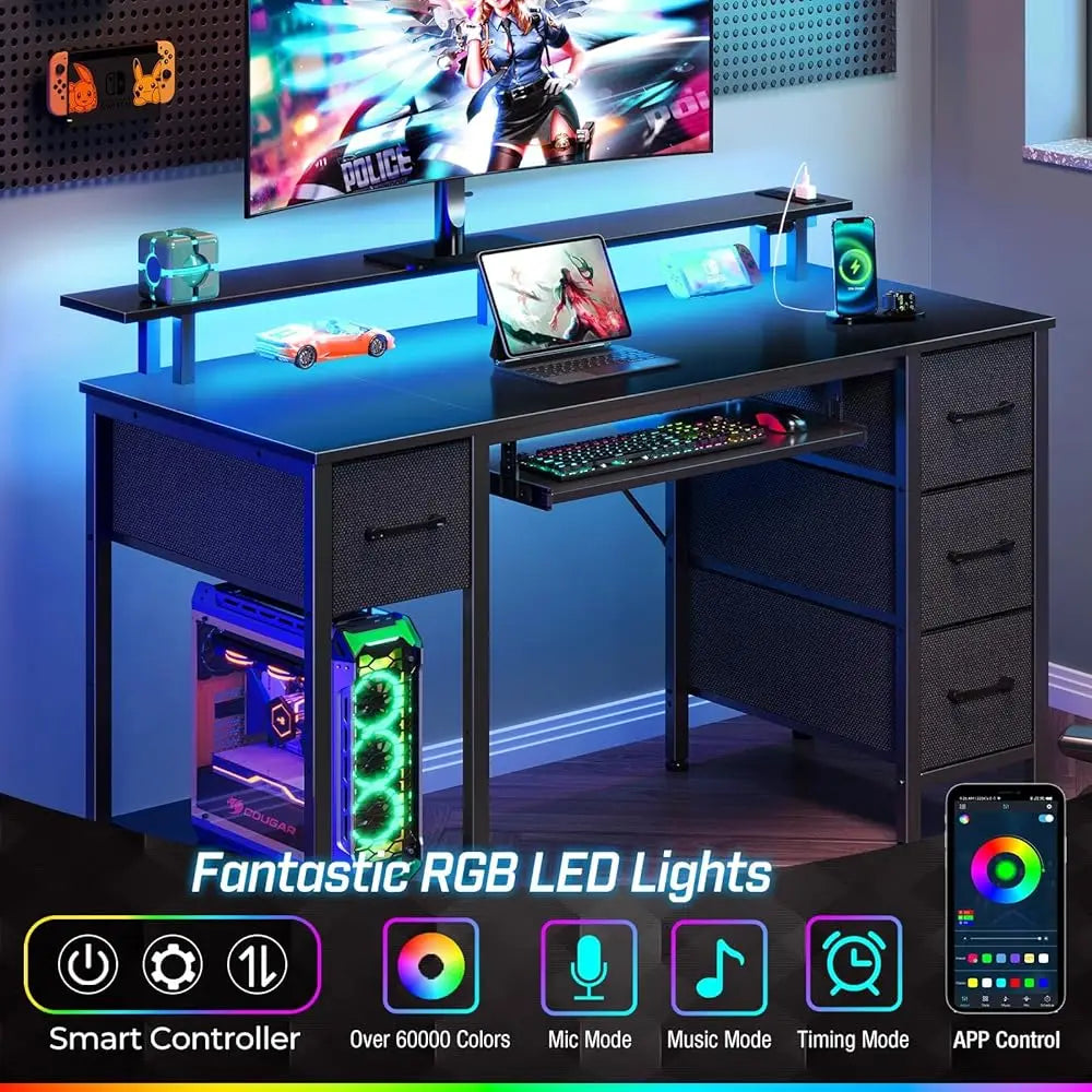 Computer Desk with LED Lights and Power Outlets for Home Office